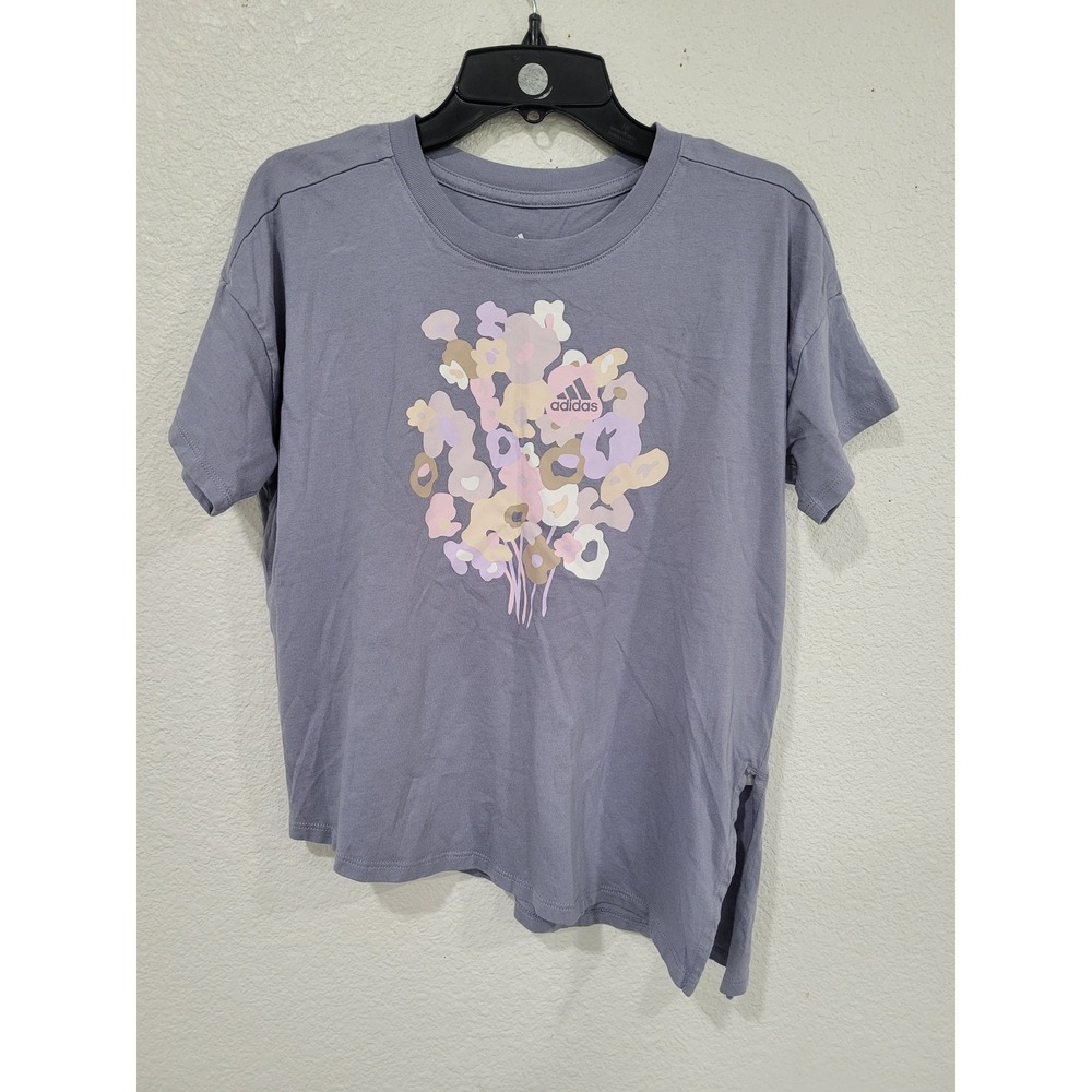 Adidas Girls Purple Floral Graphic Loose Fit Asymmetrical Hem T-Shirt Small #7